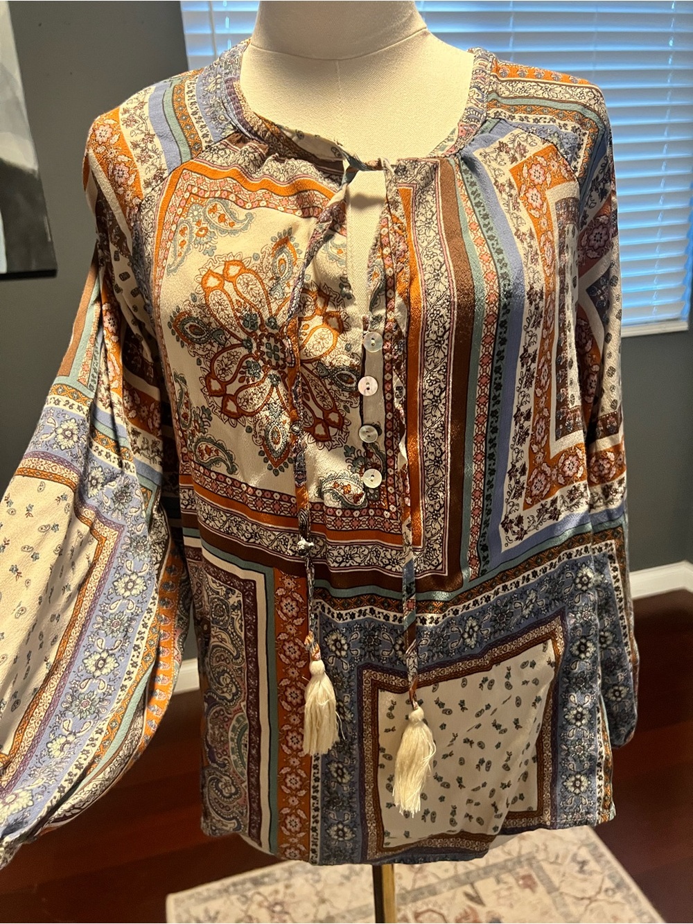 Boho Patchwork Print Peasant Blouse - Cream Multi. Size M